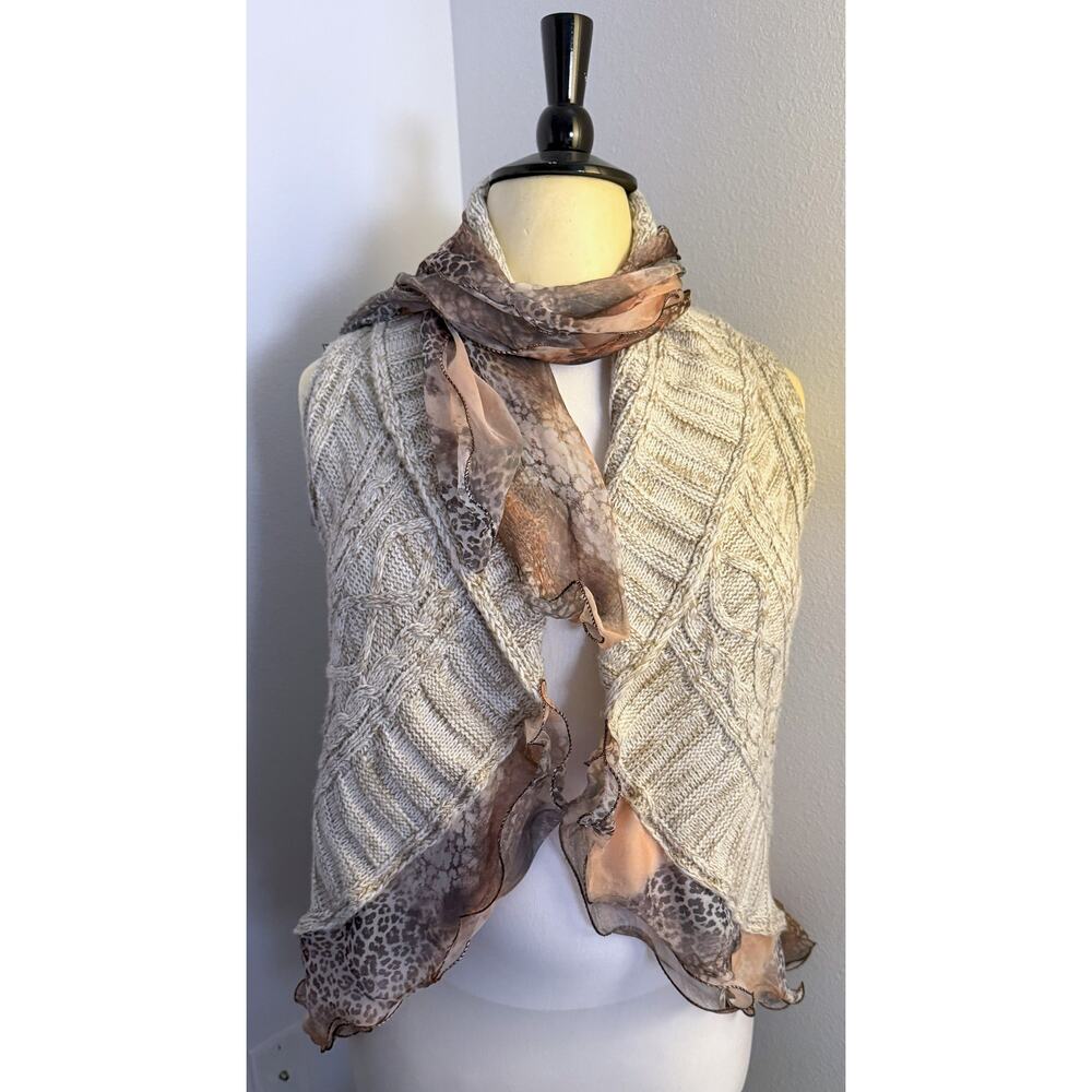Vintage Swing Style Cable Knit Sweater Vest Animal Print Edging/Scarf SZ L EPC